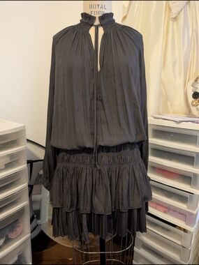 Dark Grey Tiered Long-Sleeve Bohemian Fairy Dress